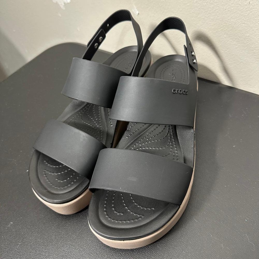 Crocs LiteRide Brooklyn Low Wedge Black Sandals Womens 11 Chunky Platform